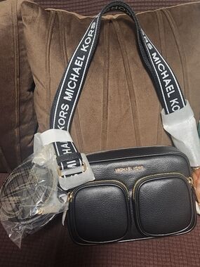 Michael Kors Black Leather Dual-Pocket Crossbody with Logo Strap